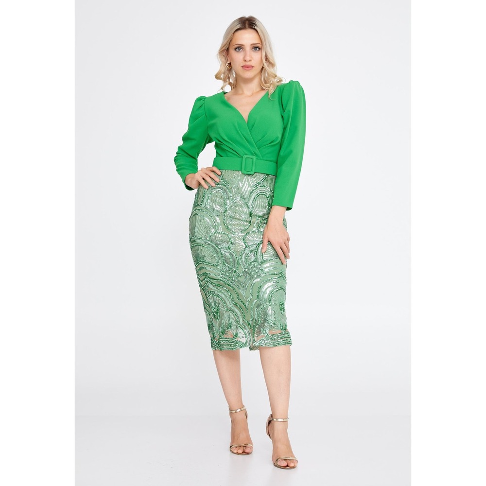 Shine Exclusive Green Sequin Art Deco Midi Dress V-Neck Belted Long Sleeve 40